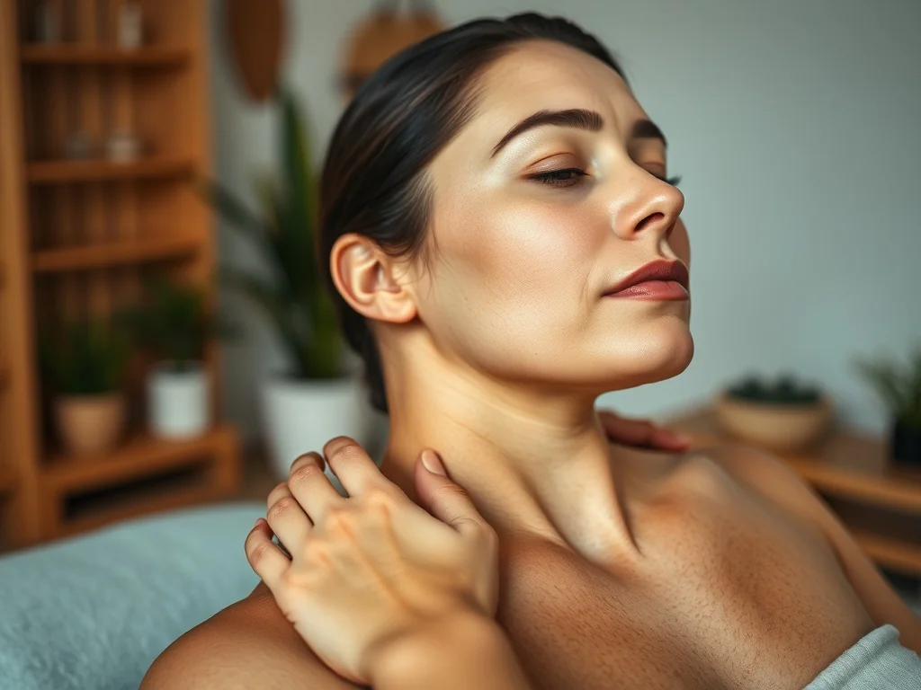 Masażysta uciska punkt akupresurowy na plecach kobiety w relaksującym wnętrzu gabinetu wellness.