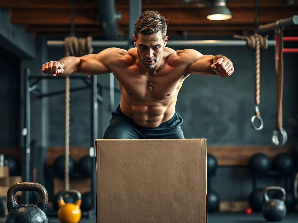 Wysportowany mężczyzna wykonuje dynamiczny skok na skrzynię w nowoczesnej siłowni, prezentując intensywny trening crossfit.