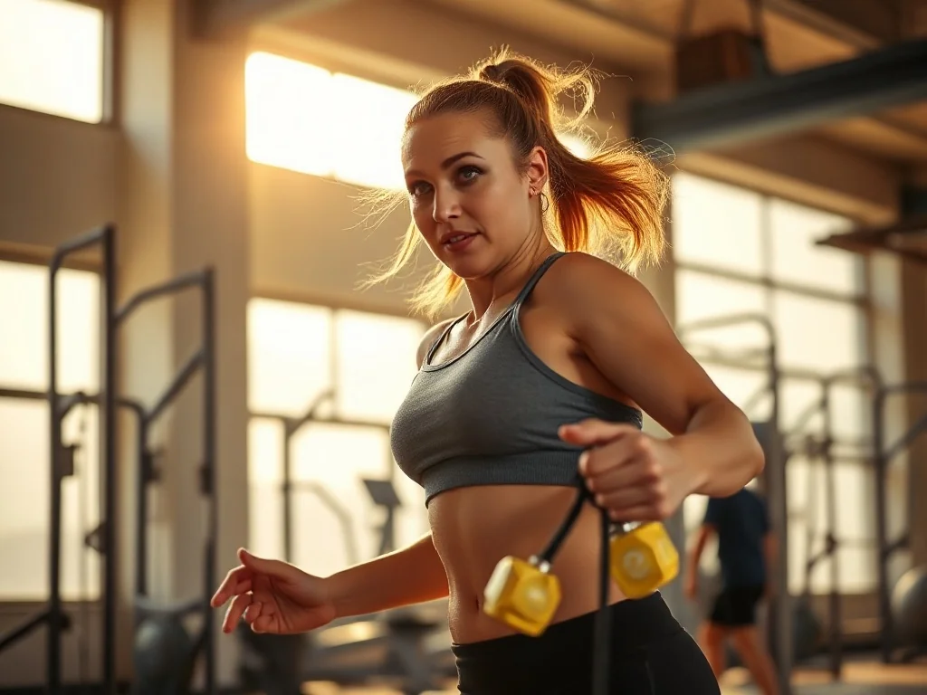 Wysportowana kobieta wykonuje energiczny trening na skakance w nowoczesnej siłowni skąpanej w porannym świetle.
