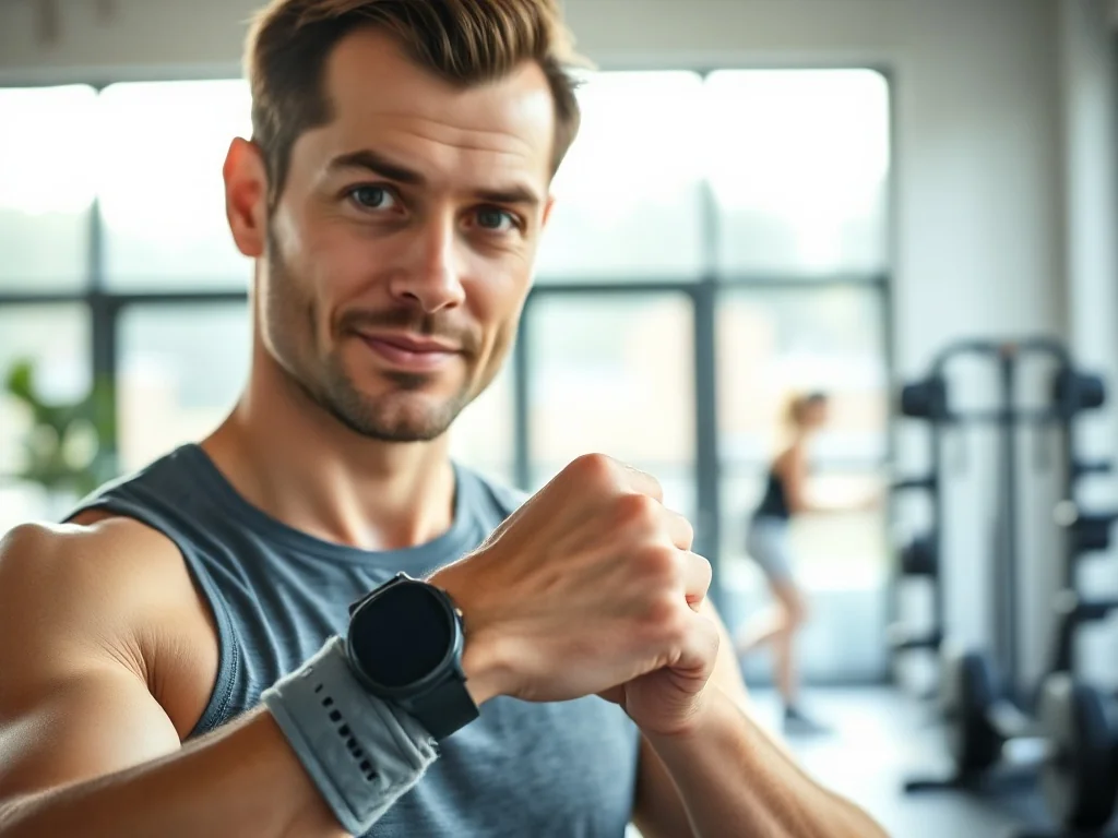 Mężczyzna w stroju sportowym trzyma nowoczesny smartwatch fitness w jasnej, domowej siłowni.